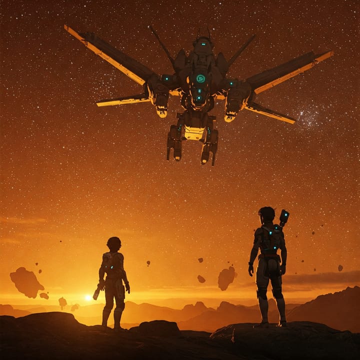 Calridon and Scariff exploring a bizarre planet.